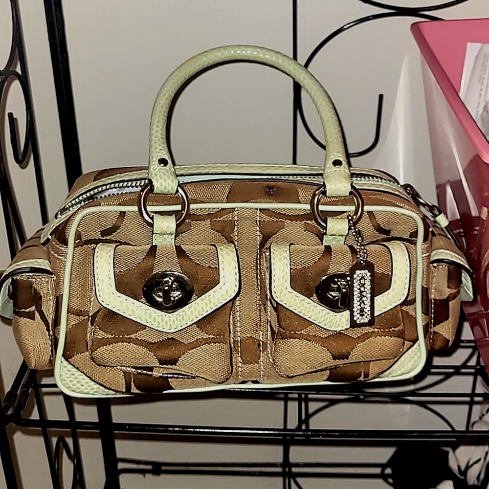 Vintage coach monogram satchel bag mint green & brown
